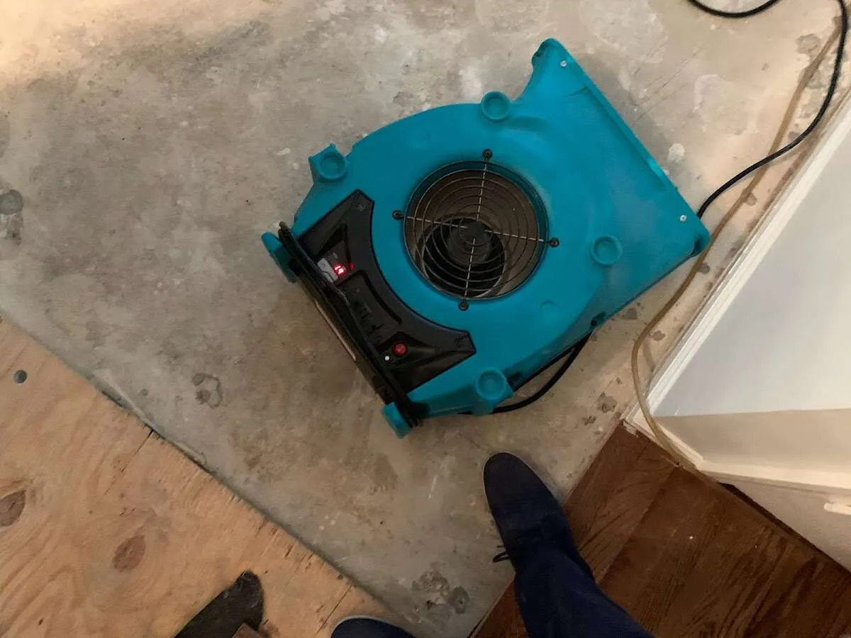 Air mover drying subfloor during Leak Detection & Repair in New Rochelle